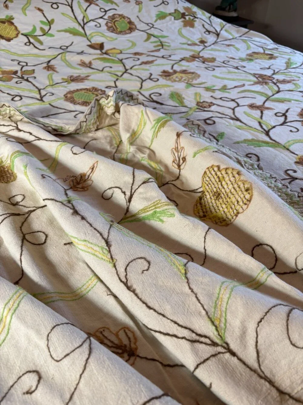 Vintage Handmade Crewel Embroidered Bedspread 114 x 107 inches